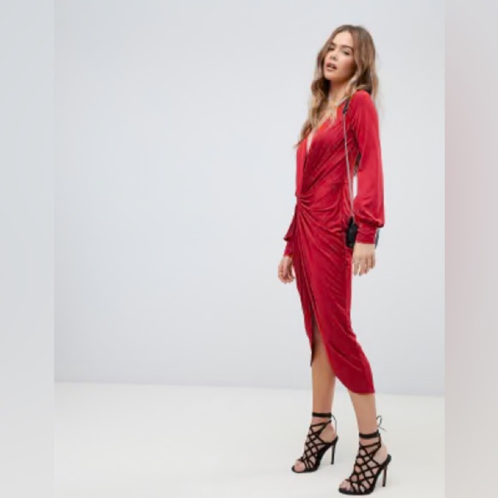 Slinky Red Twist Front Long Sleeve Red Midi Dress